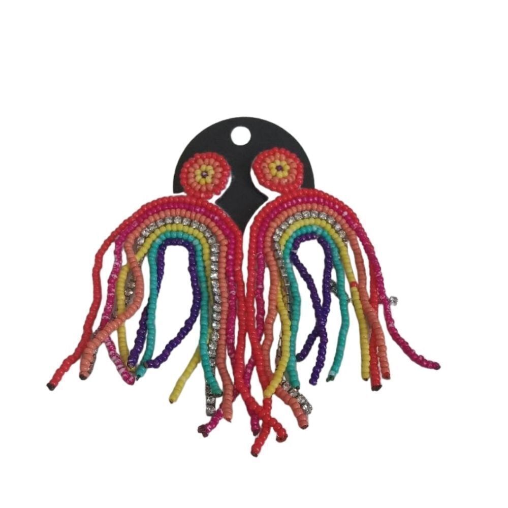RainbowāShaped Seed Beads & Rhinestone Strand Colorful Fringe Statement Earrings